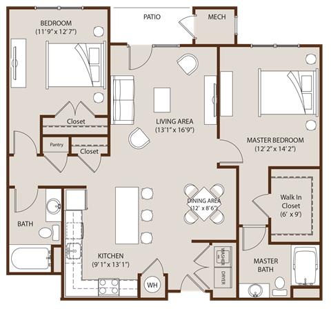 Floor plan for 2 beds, 2 baths, 1189 sqft